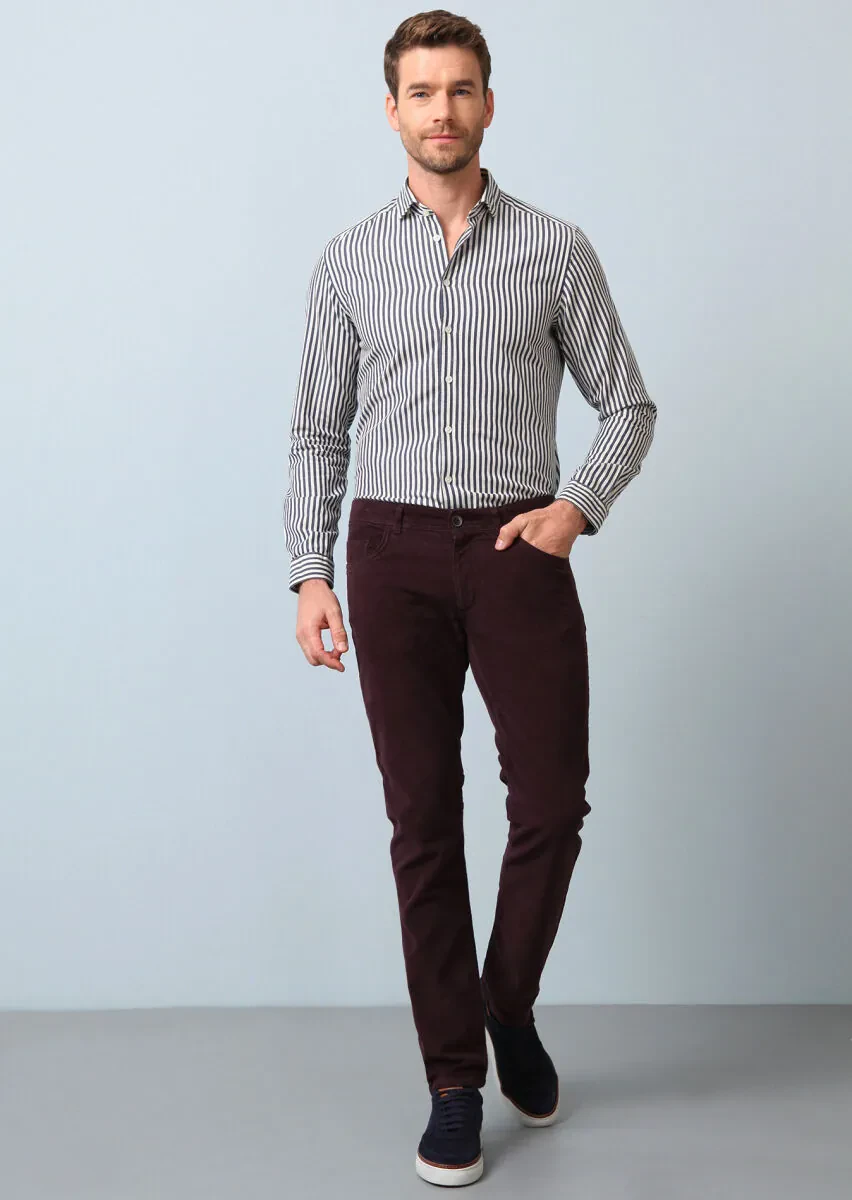 Lacivert Çizgili Regular Fit Dokuma Casual %100 Pamuk Gömlek - 4