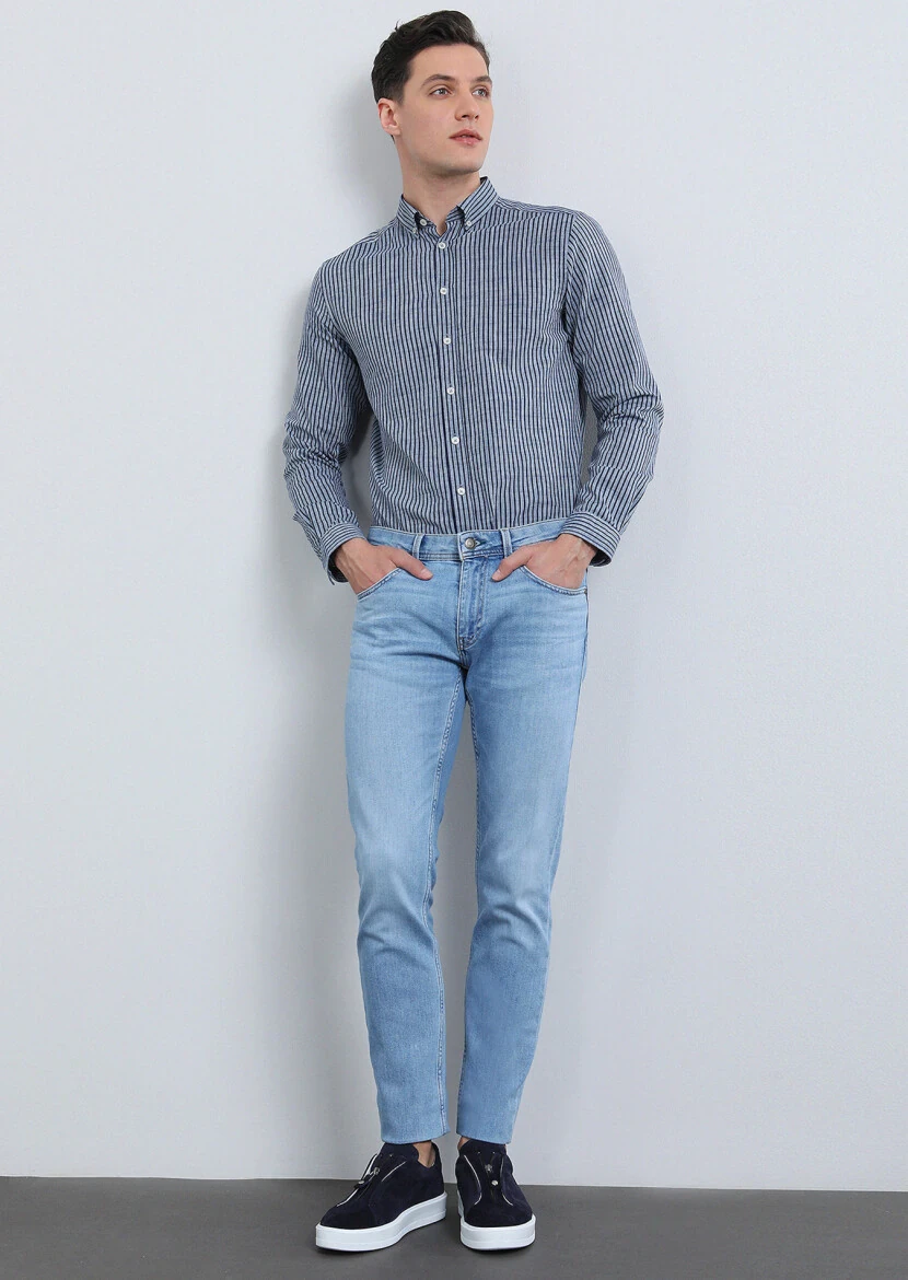 Lacivert Çizgili Regular Fit Dokuma Casual %100 Pamuk Gömlek - 1