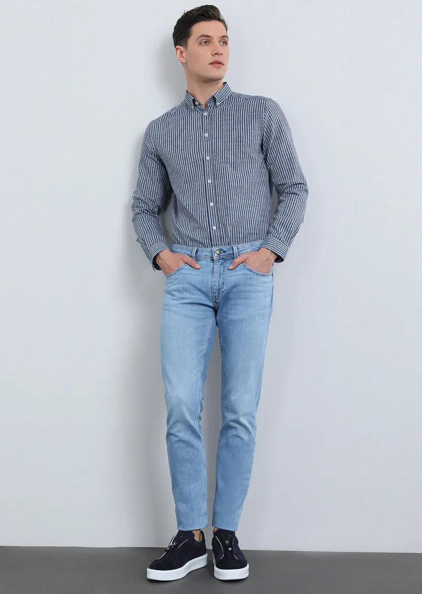 Lacivert Çizgili Regular Fit Dokuma Casual %100 Pamuk Gömlek - 1