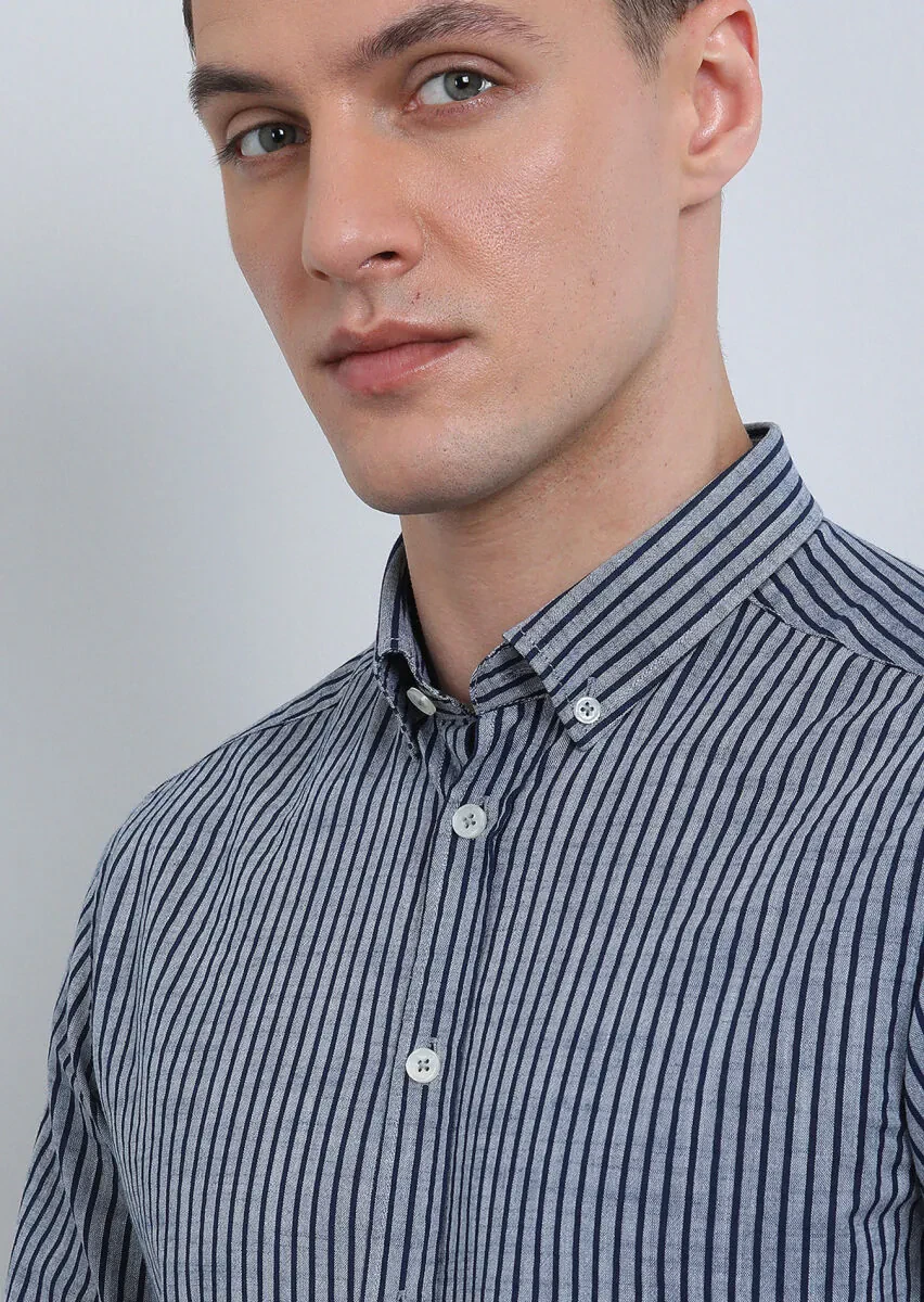 Lacivert Çizgili Regular Fit Dokuma Casual %100 Pamuk Gömlek - 2