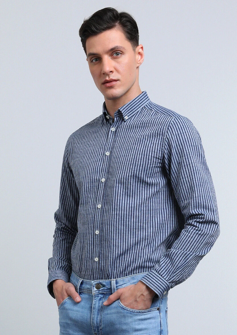 Lacivert Çizgili Regular Fit Dokuma Casual %100 Pamuk Gömlek - 3