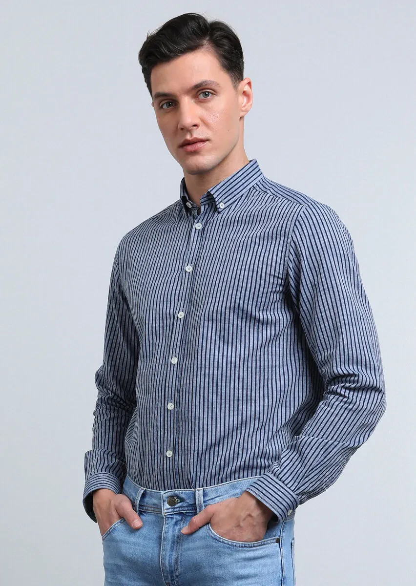 Lacivert Çizgili Regular Fit Dokuma Casual %100 Pamuk Gömlek - 3