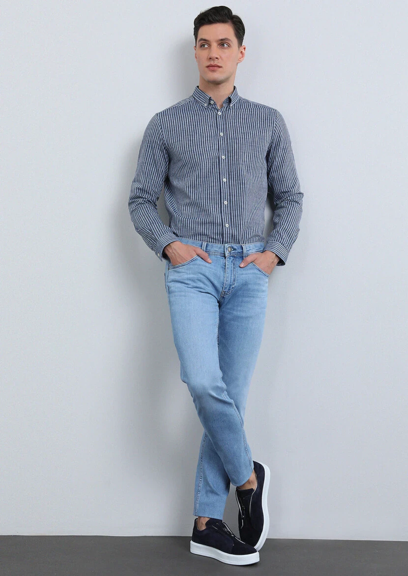 Lacivert Çizgili Regular Fit Dokuma Casual %100 Pamuk Gömlek - 4