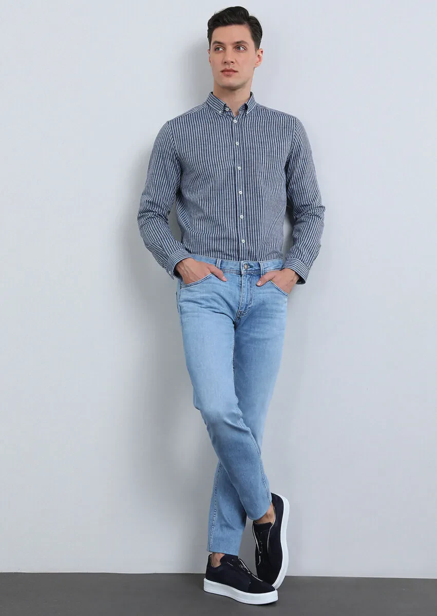 Lacivert Çizgili Regular Fit Dokuma Casual %100 Pamuk Gömlek - 4