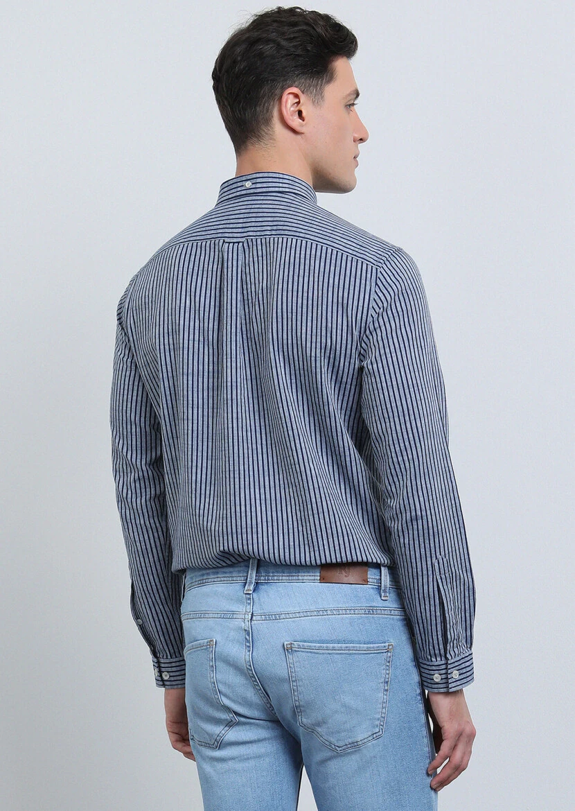 Lacivert Çizgili Regular Fit Dokuma Casual %100 Pamuk Gömlek - 5