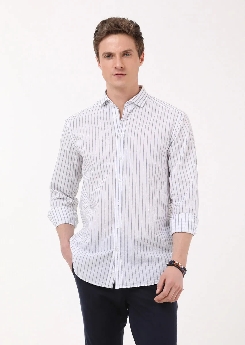 Lacivert Çizgili Regular Fit Dokuma Casual Pamuk Karışımlı Gömlek - 1