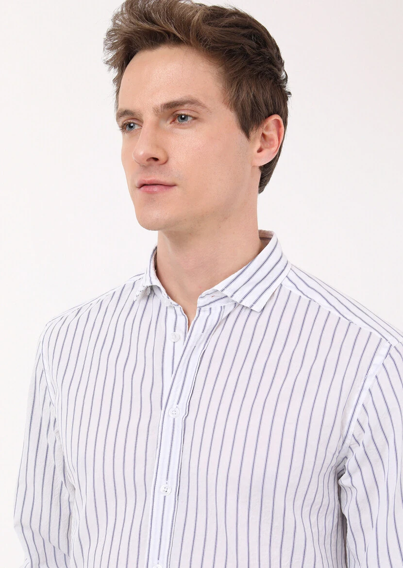 Lacivert Çizgili Regular Fit Dokuma Casual Pamuk Karışımlı Gömlek 