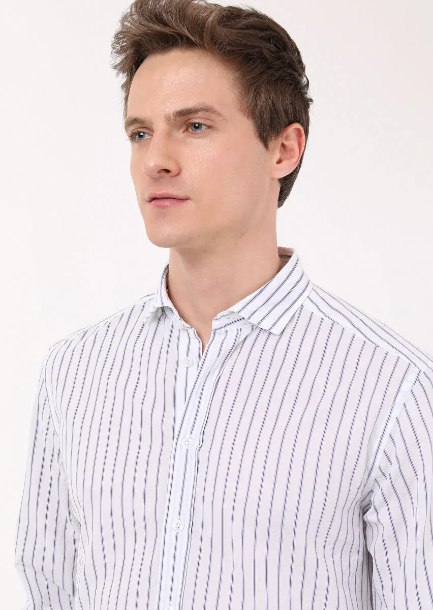 Lacivert Çizgili Regular Fit Dokuma Casual Pamuk Karışımlı Gömlek - 2