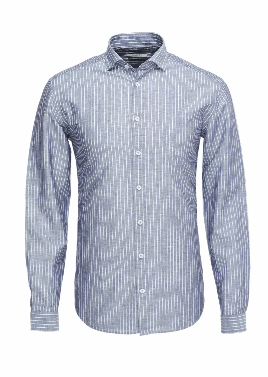 Lacivert Çizgili Regular Fit Dokuma Casual Pamuk Karışımlı Gömlek - 1