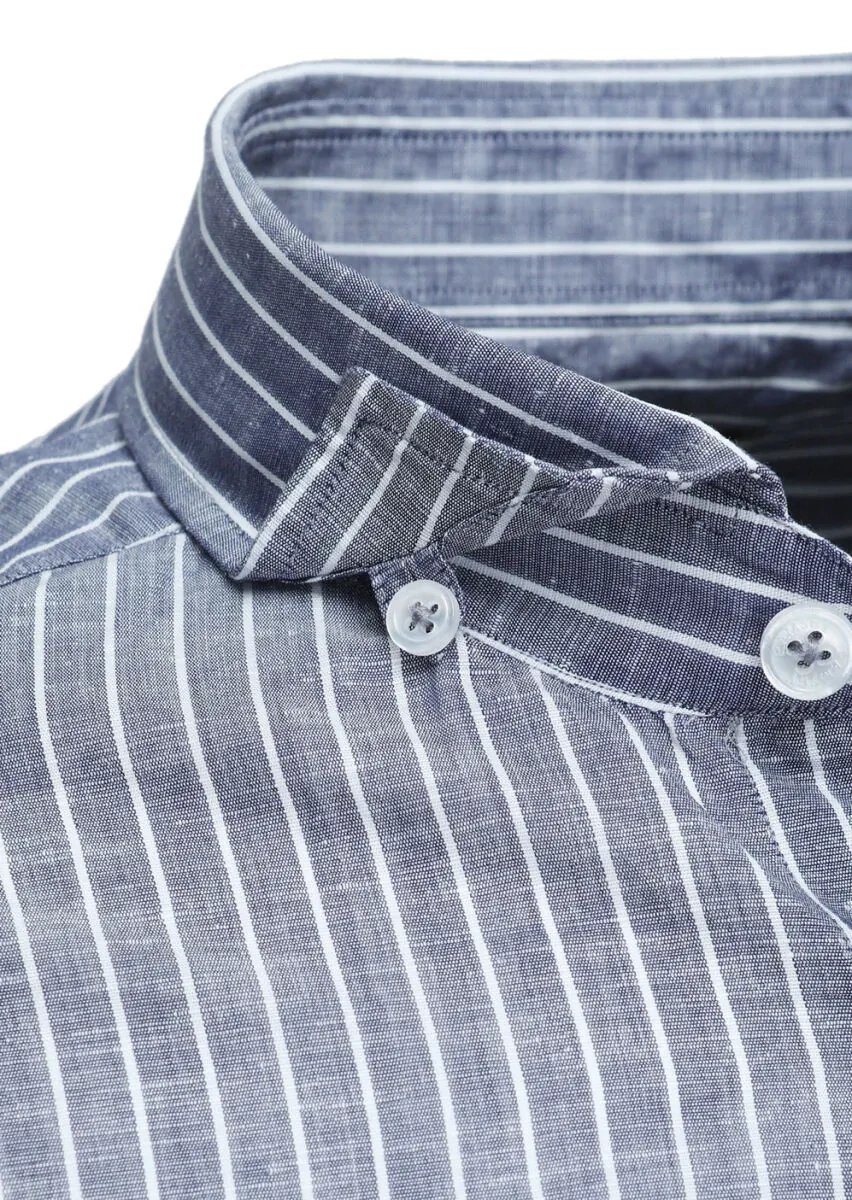 Lacivert Çizgili Regular Fit Dokuma Casual Pamuk Karışımlı Gömlek - 3