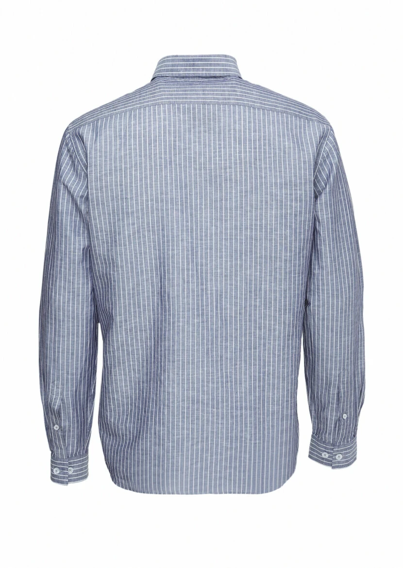 Lacivert Çizgili Regular Fit Dokuma Casual Pamuk Karışımlı Gömlek - 6