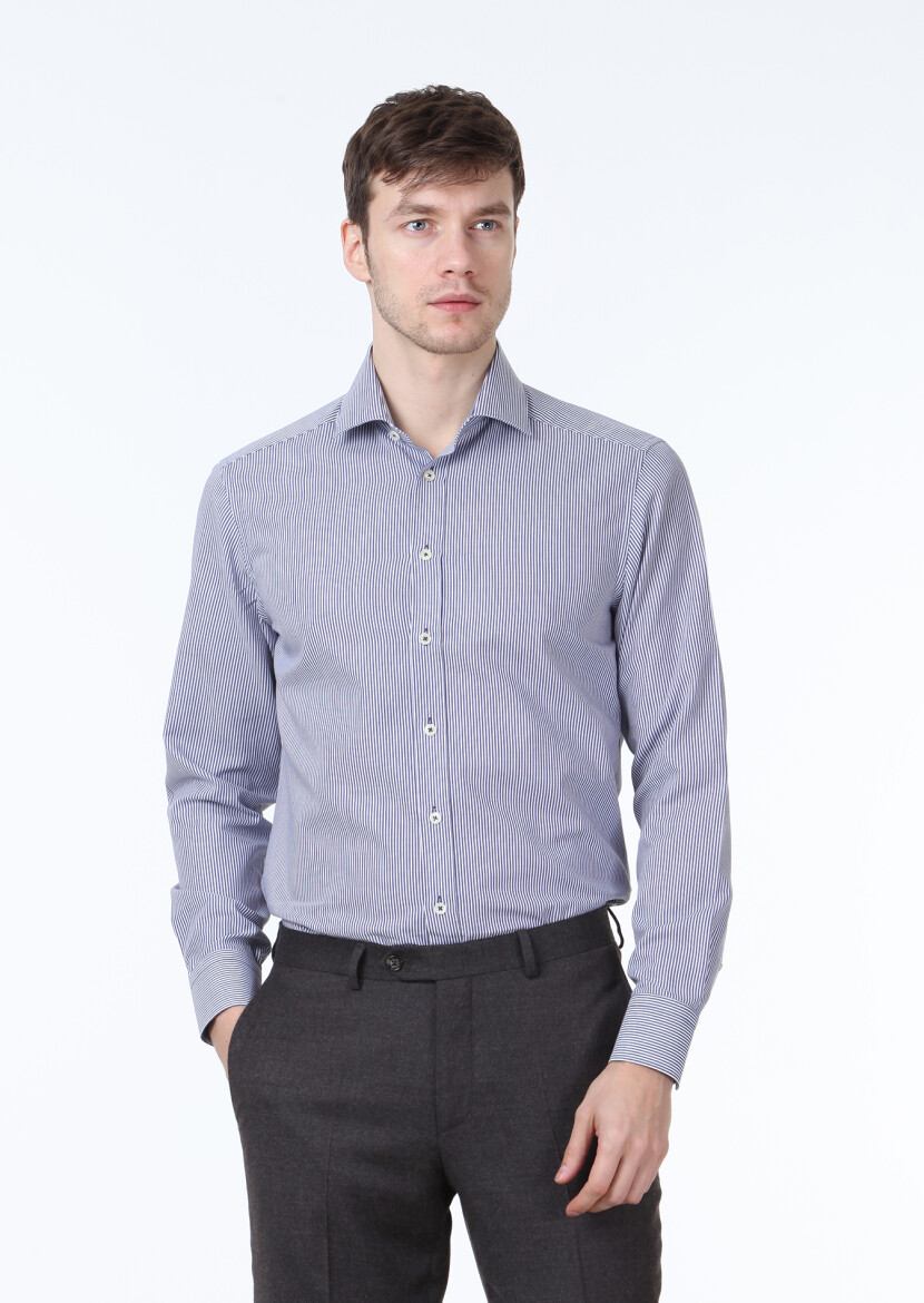 Lacivert Çizgili Regular Fit Dokuma Klasik %100 Pamuk Gömlek - 1