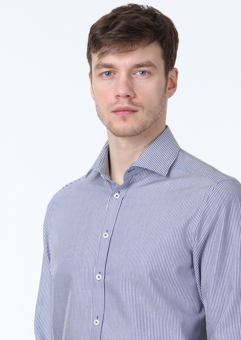 Lacivert Çizgili Regular Fit Dokuma Klasik %100 Pamuk Gömlek - 2