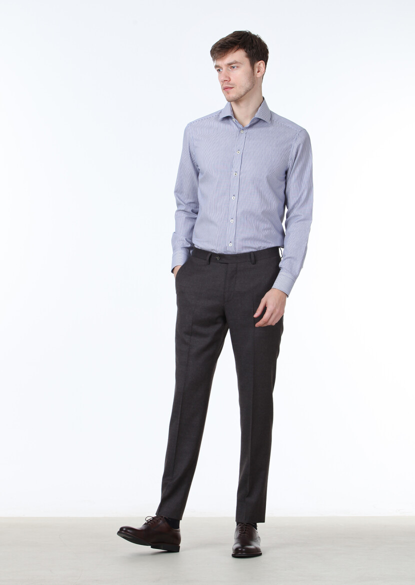 Lacivert Çizgili Regular Fit Dokuma Klasik %100 Pamuk Gömlek - 3