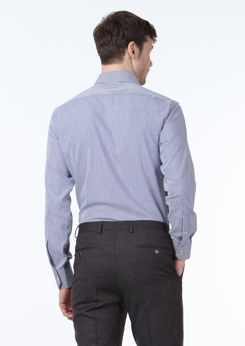Lacivert Çizgili Regular Fit Dokuma Klasik %100 Pamuk Gömlek - 4
