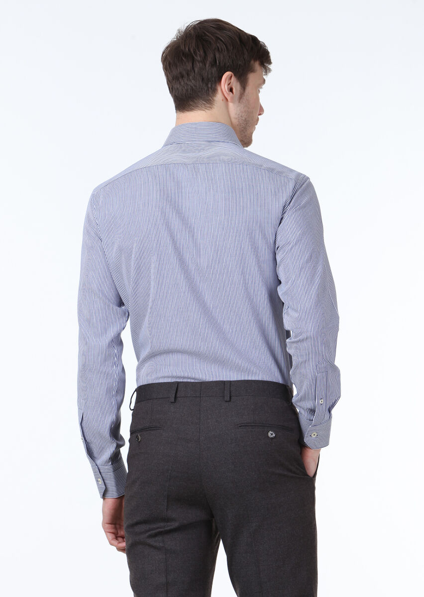 Lacivert Çizgili Regular Fit Dokuma Klasik %100 Pamuk Gömlek - 4