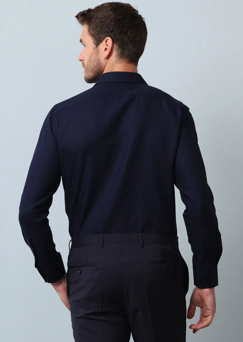 Lacivert Çizgili Regular Fit Dokuma Klasik %100 Pamuk Gömlek - 5