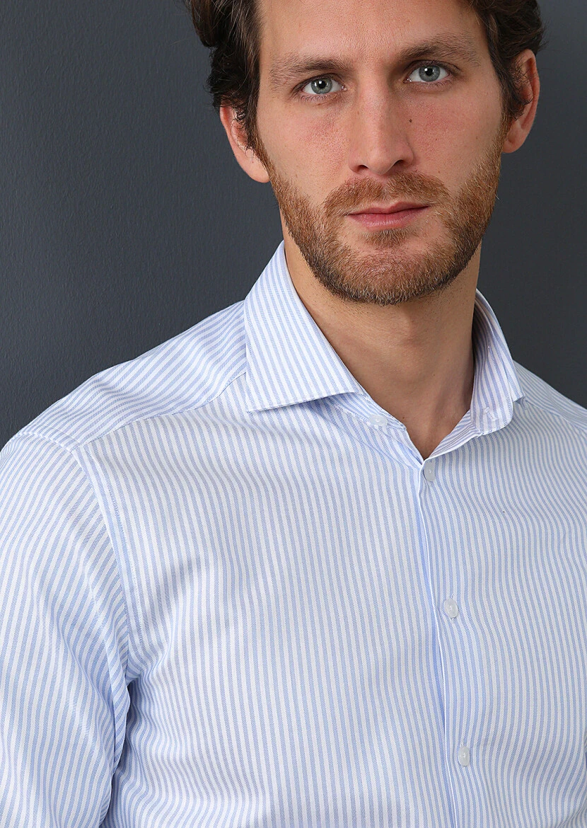 Lacivert Çizgili Regular Fit Dokuma Klasik %100 Pamuk Gömlek - 2