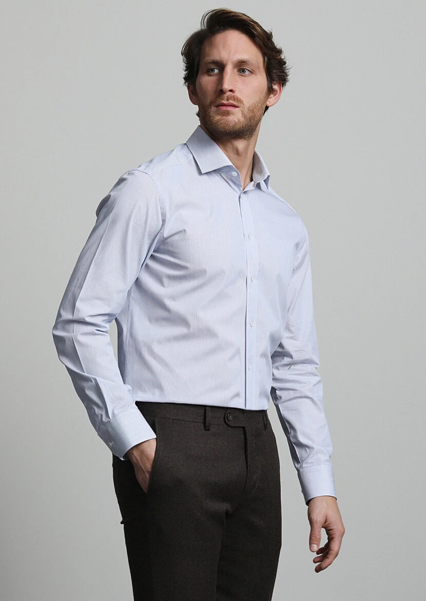 Lacivert Çizgili Regular Fit Dokuma Klasik %100 Pamuk Gömlek - 1