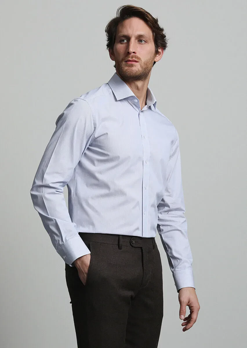 Lacivert Çizgili Regular Fit Dokuma Klasik %100 Pamuk Gömlek - 1