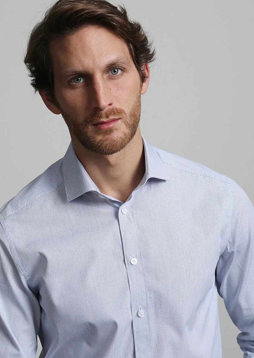 Lacivert Çizgili Regular Fit Dokuma Klasik %100 Pamuk Gömlek - 2