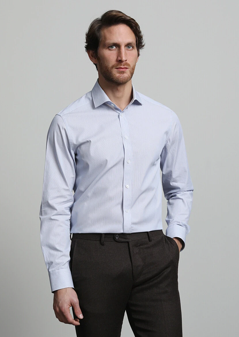 Lacivert Çizgili Regular Fit Dokuma Klasik %100 Pamuk Gömlek - 3