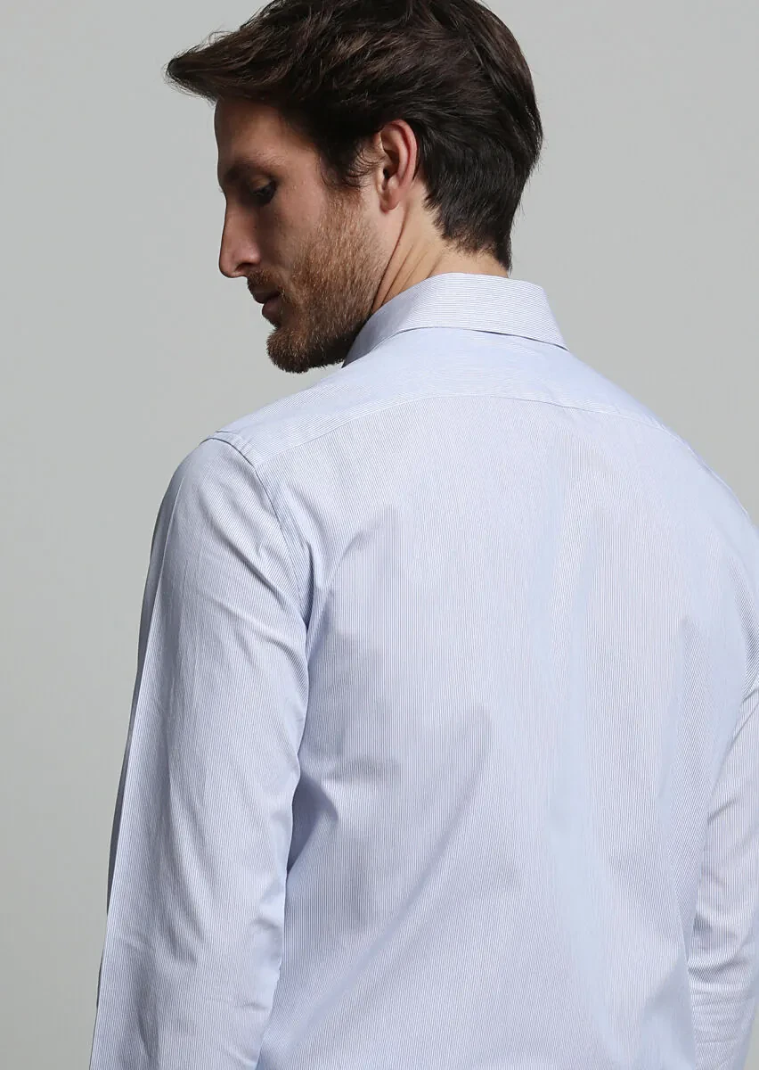Lacivert Çizgili Regular Fit Dokuma Klasik %100 Pamuk Gömlek - 4