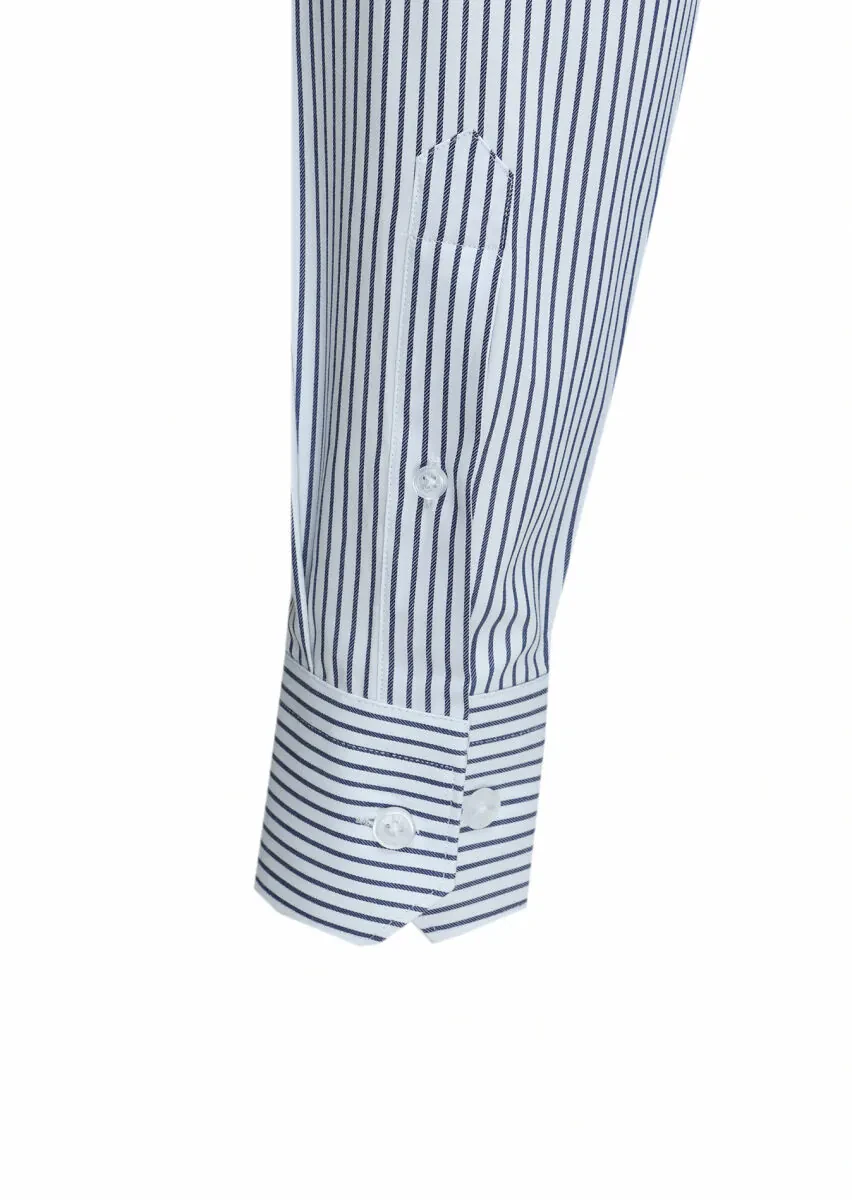 Lacivert Çizgili Regular Fit Dokuma Klasik %100 Pamuk Gömlek - 4