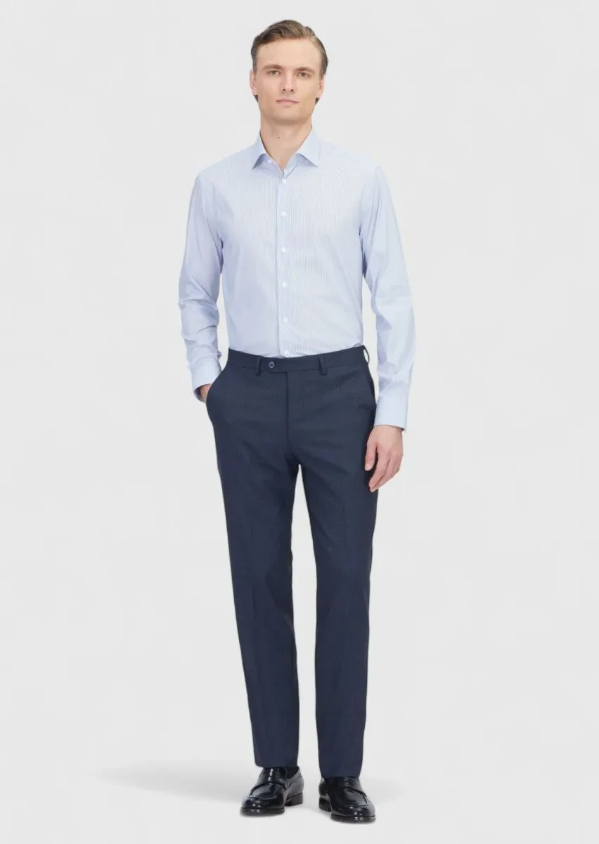 Lacivert Çizgili Regular Fit Dokuma Klasik Pamuk Karışımlı Gömlek - 2