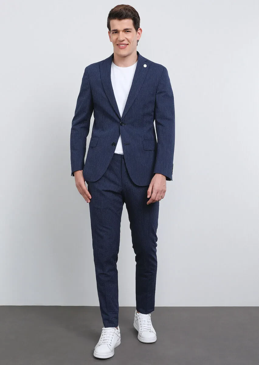 Lacivert Çizgili Shirt Shoulder Slim Fit Pamuk Karışımlı Takım Elbise - 1