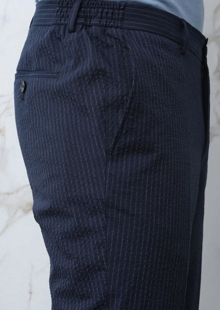 Lacivert Çizgili Shirt Shoulder Slim Fit Pamuk Karışımlı Takım Elbise - 2