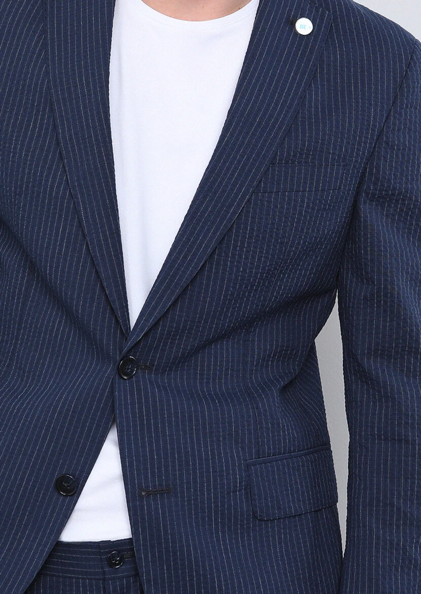 Lacivert Çizgili Shirt Shoulder Slim Fit Pamuk Karışımlı Takım Elbise - 5