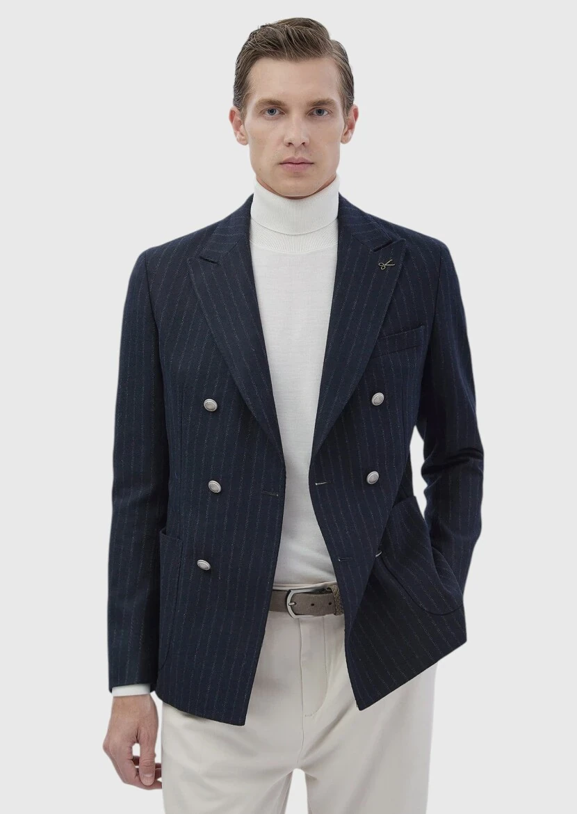 Lacivert Çizgili Shirt Shoulder Slim Fit Yün Karışımlı Ceket - RAMSEY