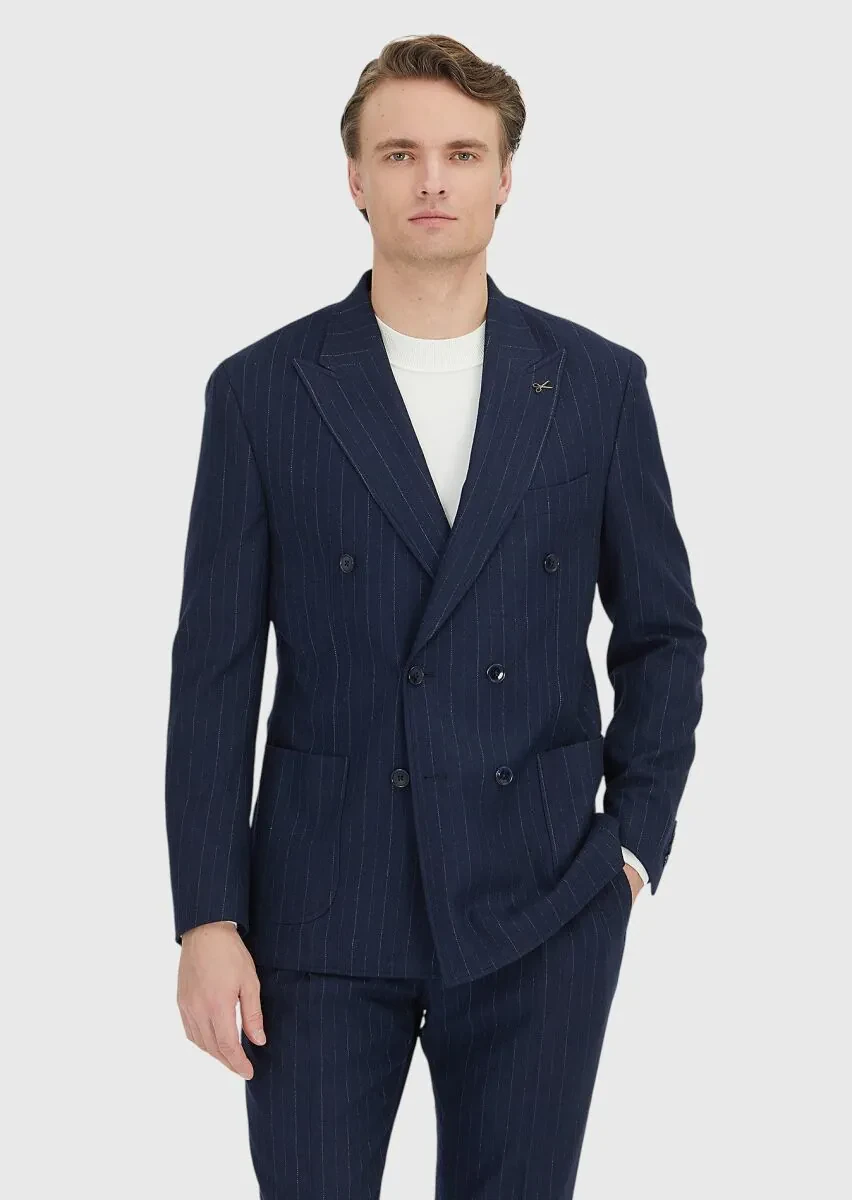 Lacivert Çizgili Shirt Shoulder Slim Fit Yün Karışımlı Ceket - 1