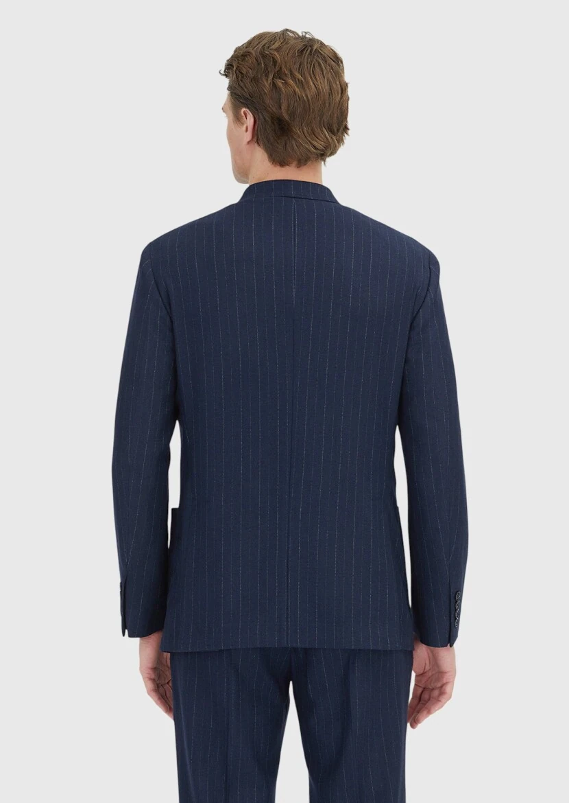 Lacivert Çizgili Shirt Shoulder Slim Fit Yün Karışımlı Ceket - 6