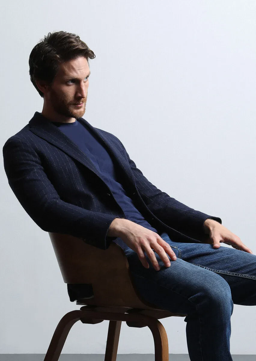 Lacivert Çizgili Shirt Shoulder Slim Fit Yün Karışımlı Örme Ceket - 1