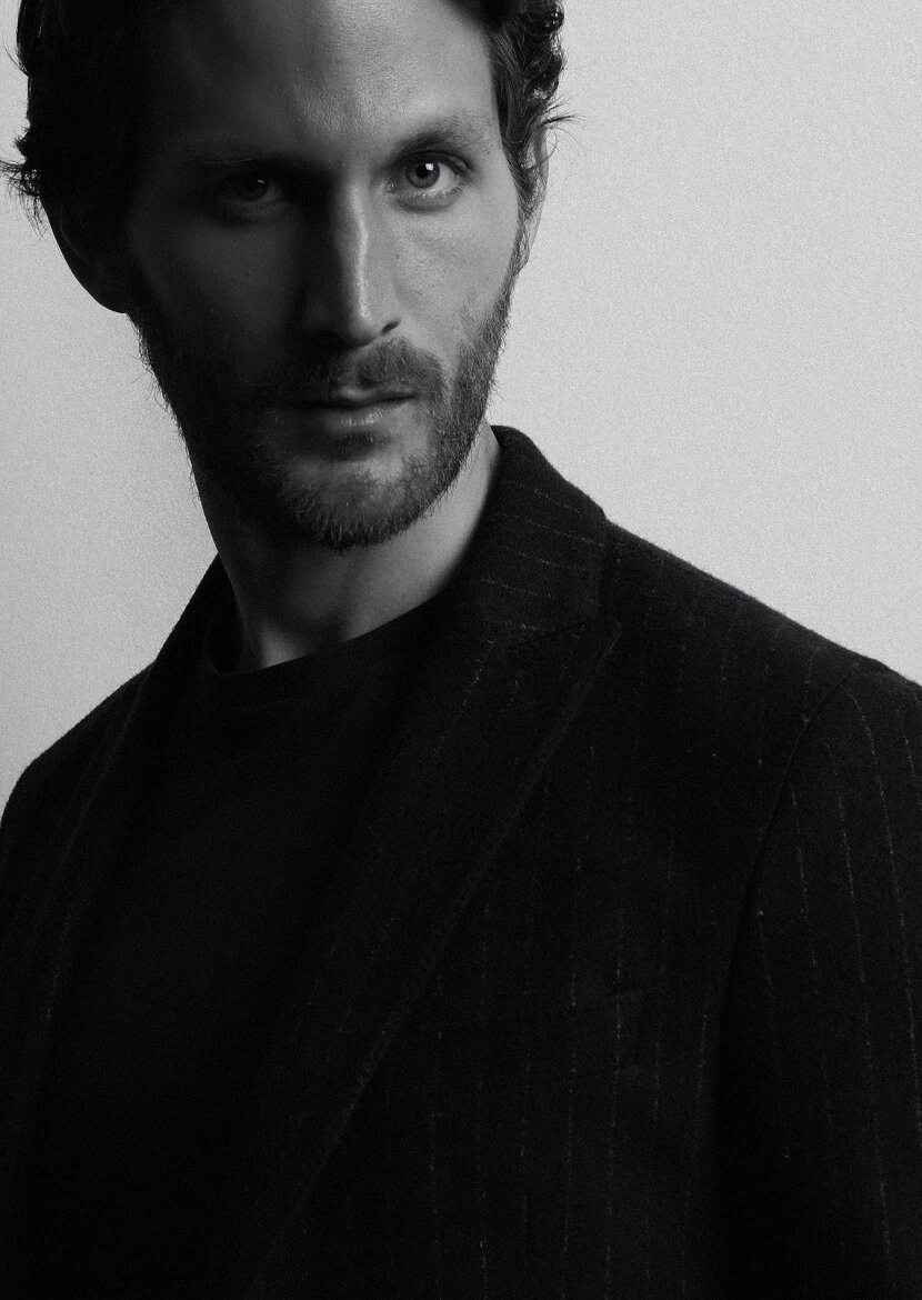 Lacivert Çizgili Shirt Shoulder Slim Fit Yün Karışımlı Örme Ceket - 2