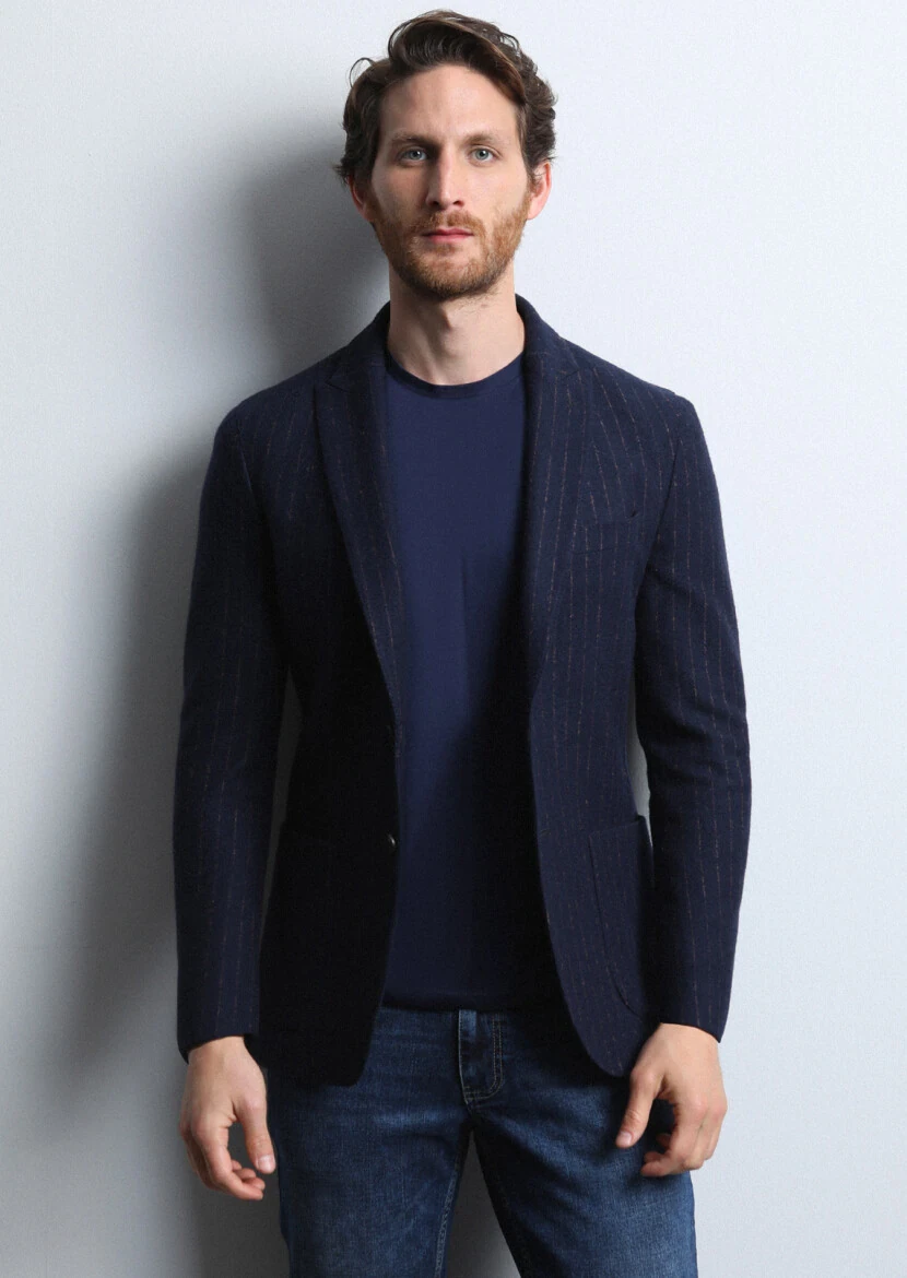 Lacivert Çizgili Shirt Shoulder Slim Fit Yün Karışımlı Örme Ceket - 3