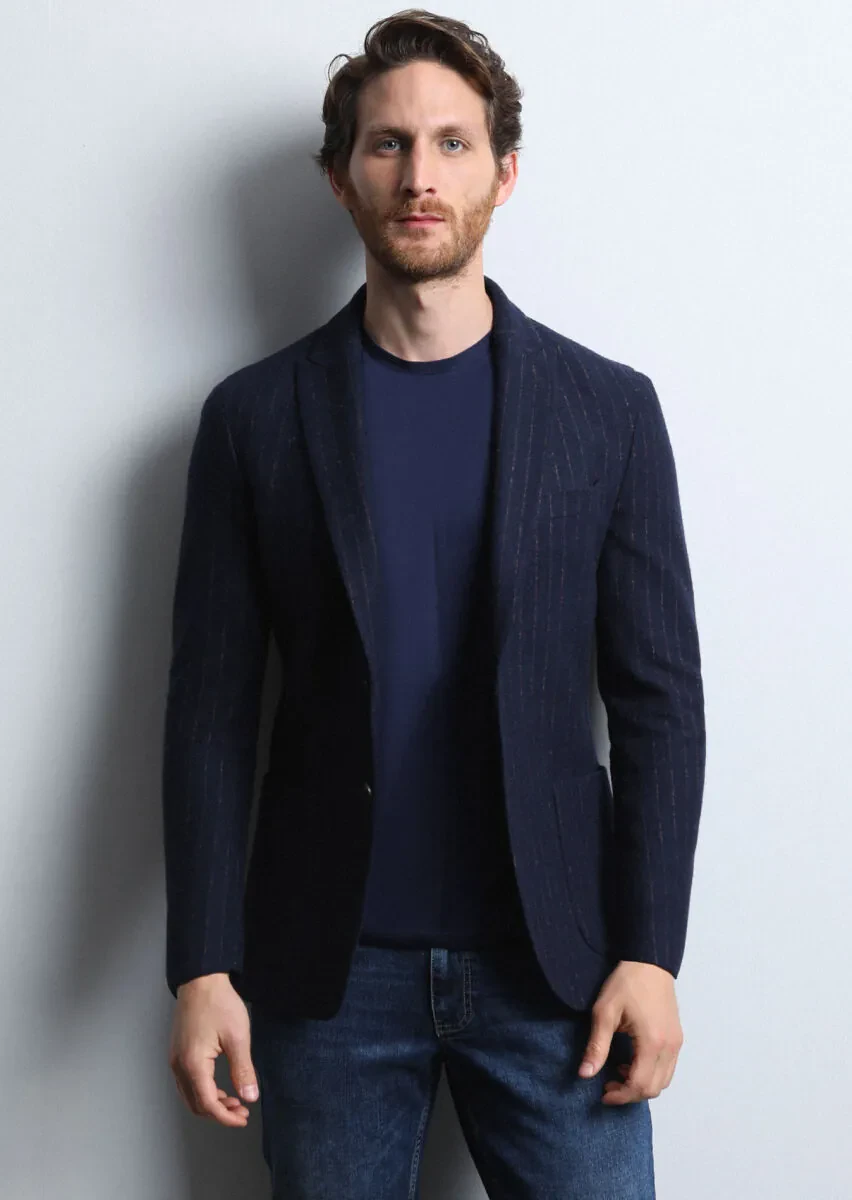 Lacivert Çizgili Shirt Shoulder Slim Fit Yün Karışımlı Örme Ceket - 3