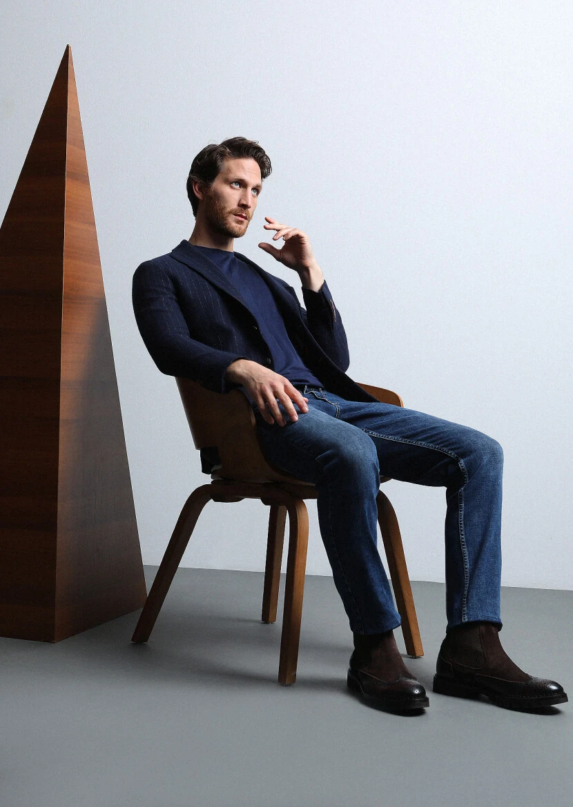 Lacivert Çizgili Shirt Shoulder Slim Fit Yün Karışımlı Örme Ceket - 4