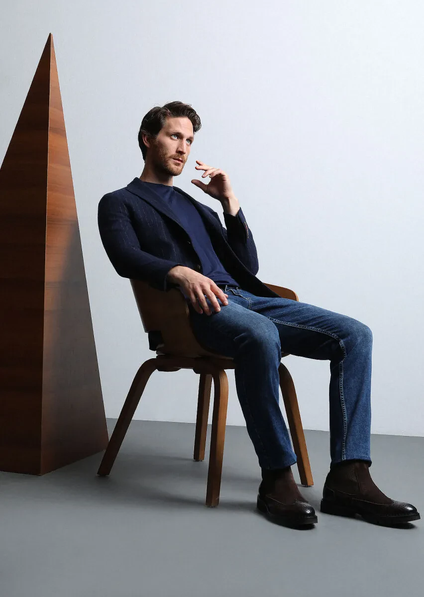 Lacivert Çizgili Shirt Shoulder Slim Fit Yün Karışımlı Örme Ceket - 4