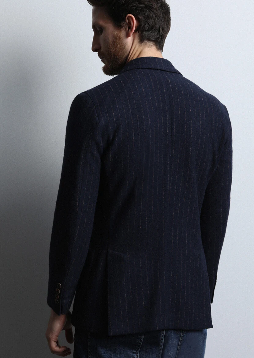 Lacivert Çizgili Shirt Shoulder Slim Fit Yün Karışımlı Örme Ceket - 5