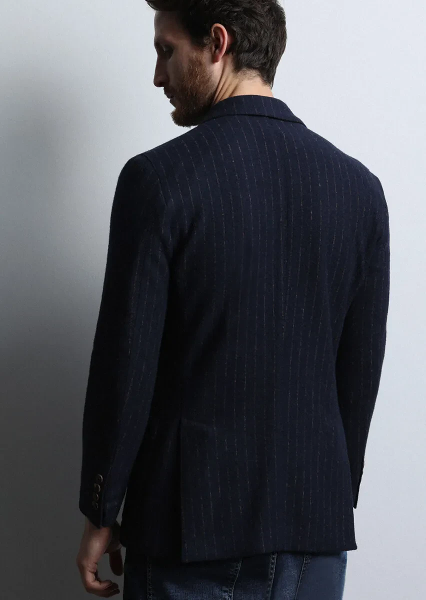 Lacivert Çizgili Shirt Shoulder Slim Fit Yün Karışımlı Örme Ceket - 5