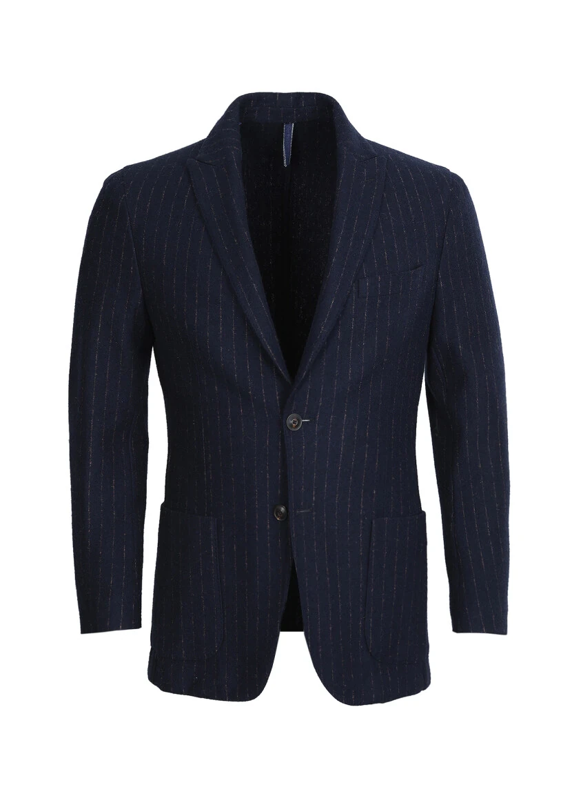 Lacivert Çizgili Shirt Shoulder Slim Fit Yün Karışımlı Örme Ceket - 6