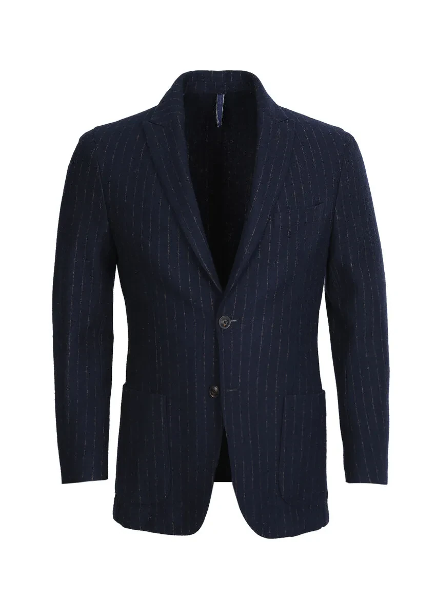 Lacivert Çizgili Shirt Shoulder Slim Fit Yün Karışımlı Örme Ceket - 6