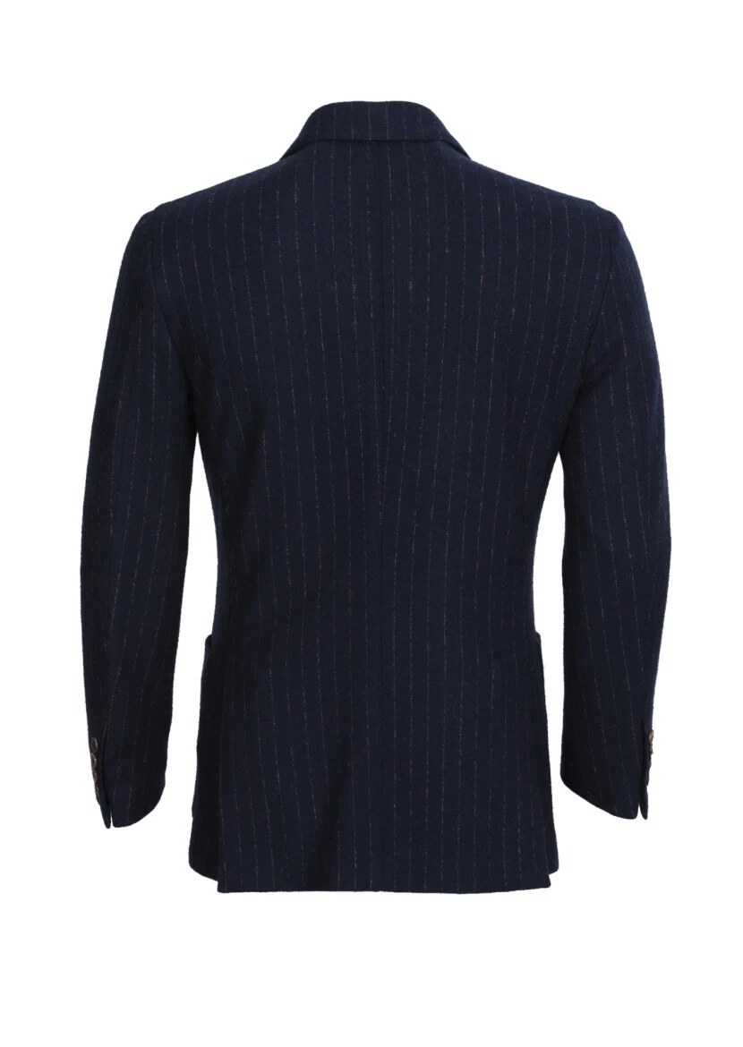 Lacivert Çizgili Shirt Shoulder Slim Fit Yün Karışımlı Örme Ceket - 7
