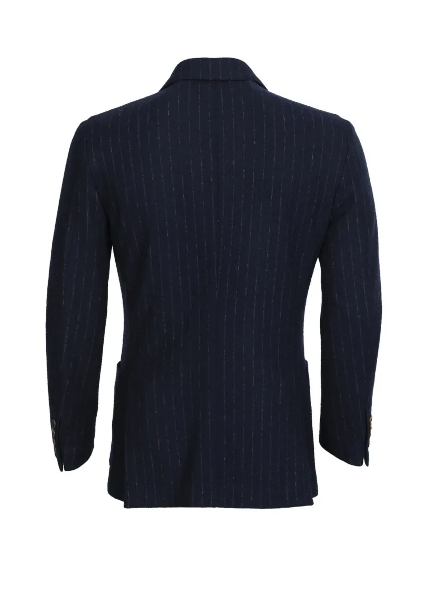 Lacivert Çizgili Shirt Shoulder Slim Fit Yün Karışımlı Örme Ceket - 7