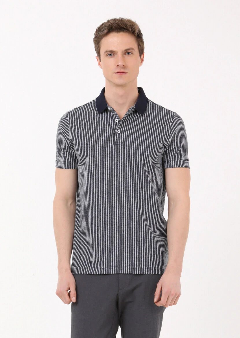 Lacivert Çizgili Slim Fit Casual %100 Pamuk Gömlek - 1