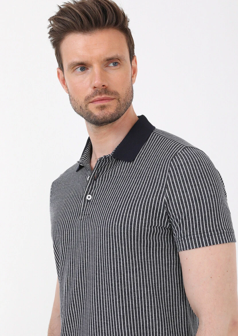 Lacivert Çizgili Slim Fit Casual %100 Pamuk Gömlek - 2