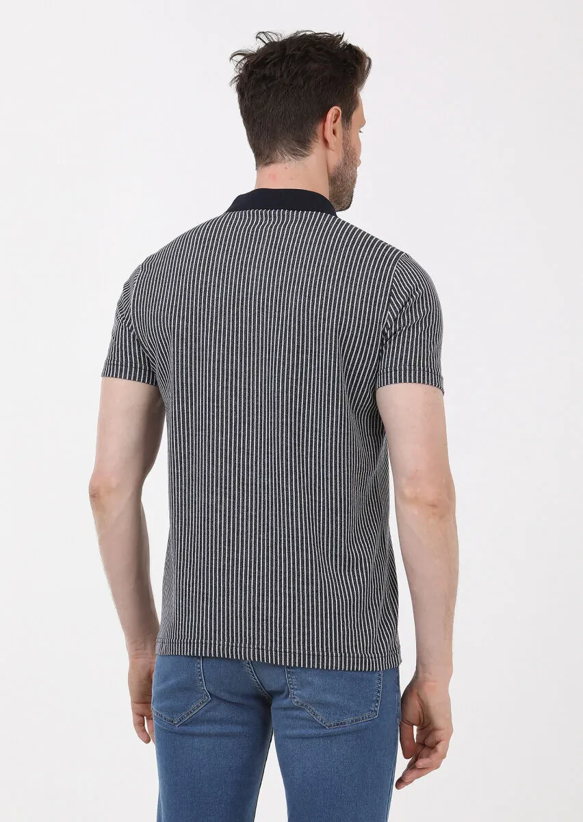 Lacivert Çizgili Slim Fit Casual %100 Pamuk Gömlek - 4